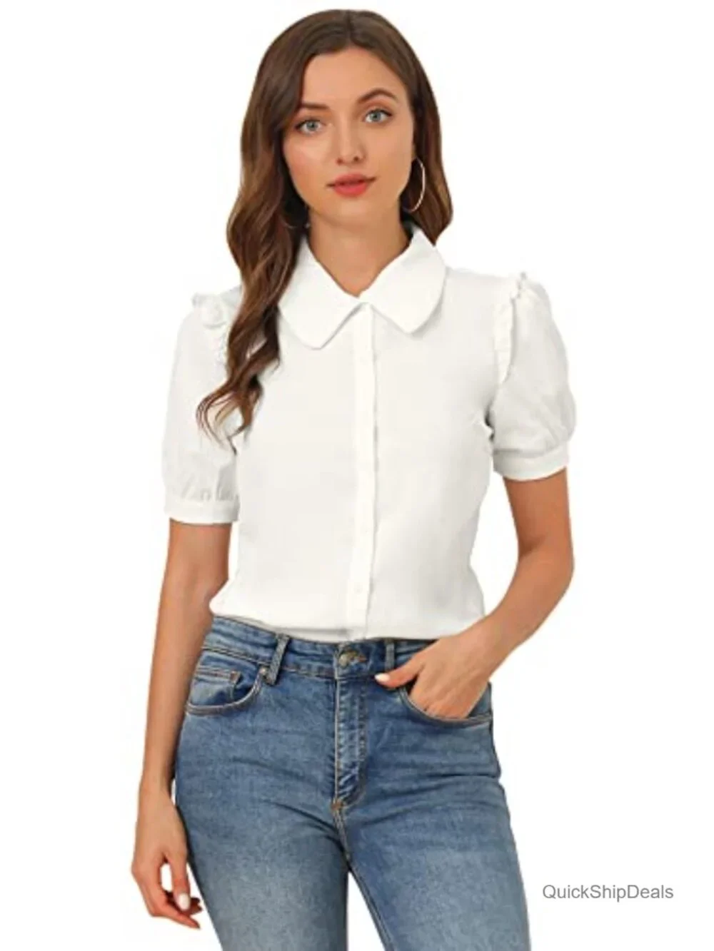 Peter Pan Collar Puff Short Sleeve Button Down Blouse Vintage Work Top